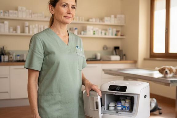 Operatrice in una clinica veterinaria toscana accanto a un robot per la consegna di farmaci