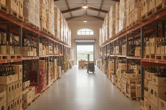 Corsie di un magazzino toscano con casse di vino e olio pronte per la distribuzione