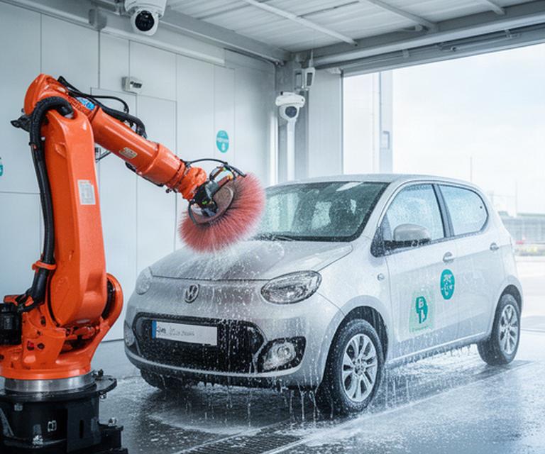Braccio robotico che lava una vettura di car sharing in una stazione coperta di servizio